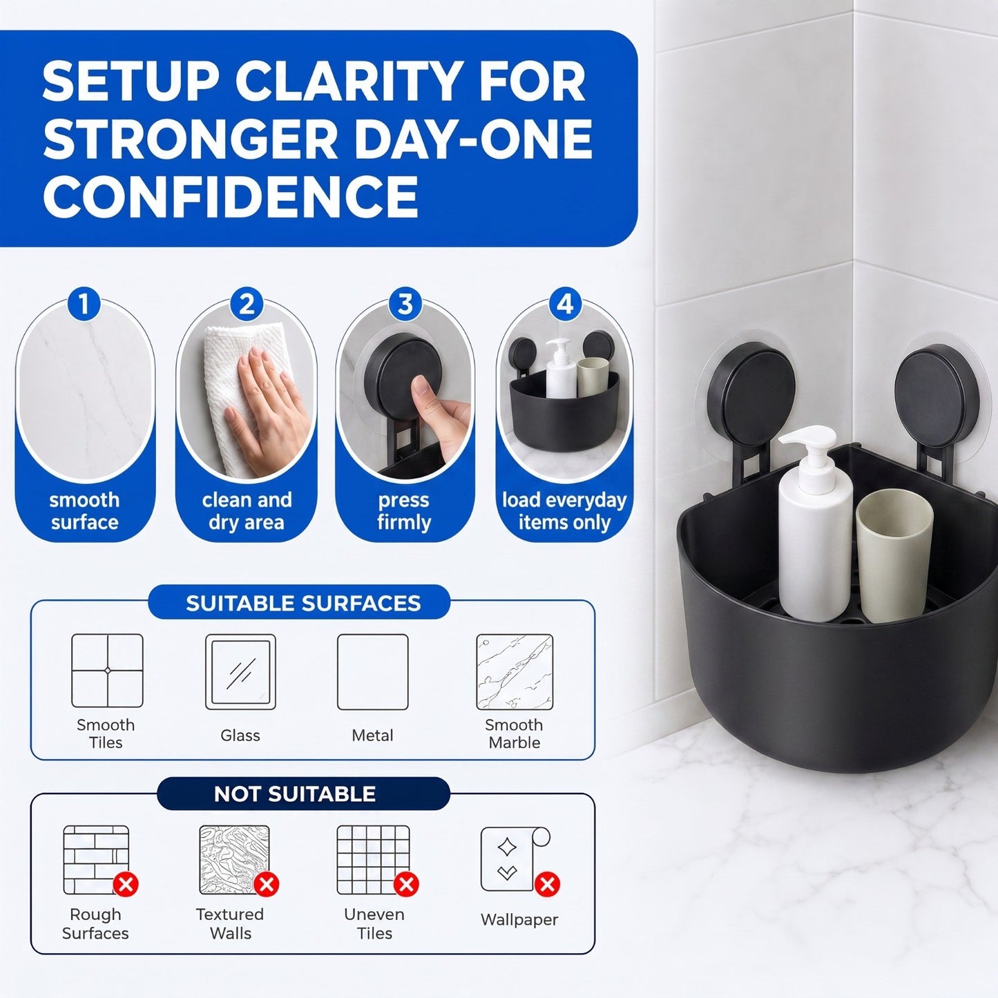 Premium Black Corner Shelf with Powerful Suction Grip