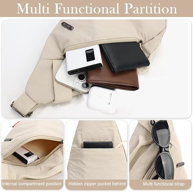 PALAY® Chest Bag for Women Men Fashion Nylon Lightweight Shoulder Bag Front Back Sling Shoulder Bag Zipper Pouch Day Bag with Handle Casual Beige Chest Bag for Hiking, Work