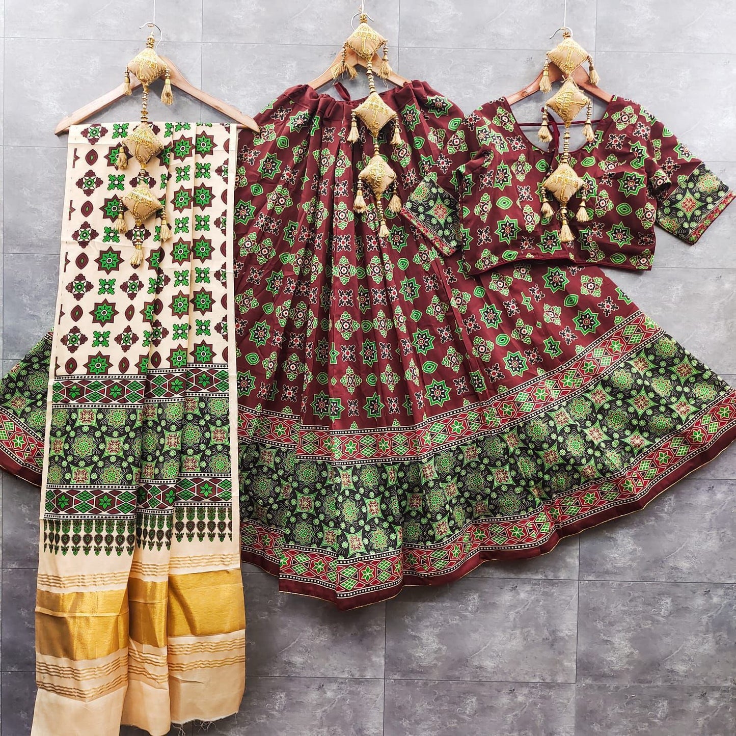 gaji modal lagdi patta duppata and ajrak choli   New arrivals   Maslin silk lehnga