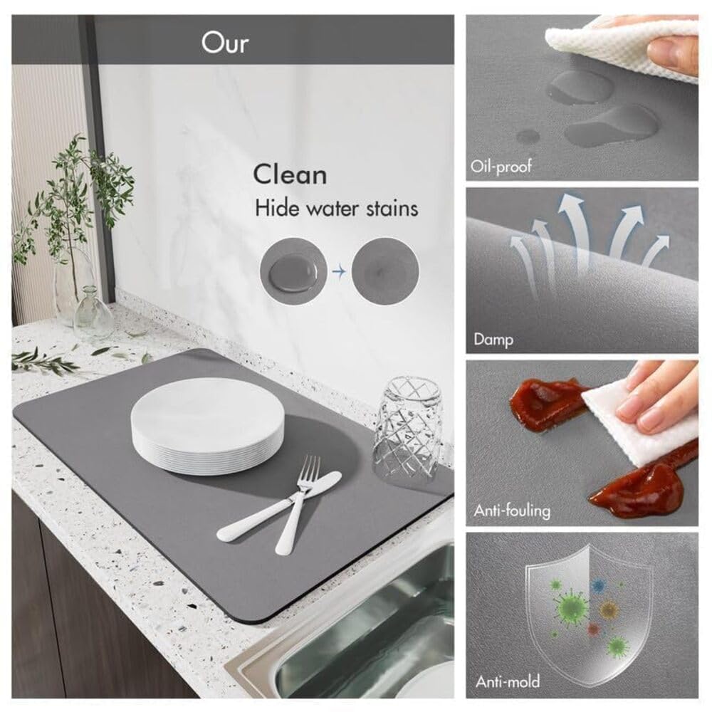 Dish Drying Mat Large 40x60 cm – Water Absorbing Kitchen Mat with Anti-Slip Rubber Backing | Quick Dry Mat for Utensils, Dishes, Glasses & Coffee Station