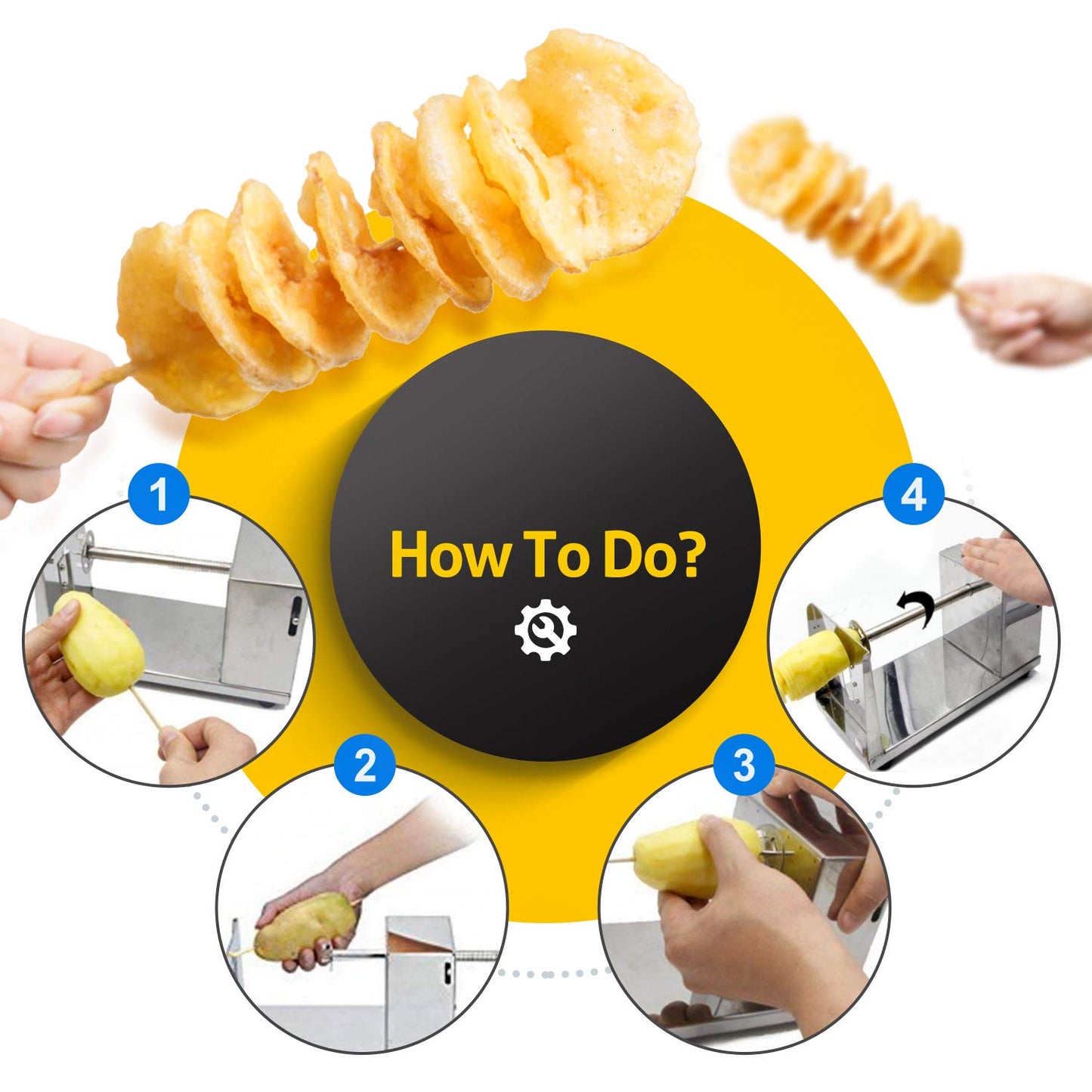 Stainless Steel Potato Slicer Cutter Machine Twister Curly Spiral French Fry Tornado Manual Stainless Steel Twisted Potato Slicer Spiral Vegetable Cutter French Fry 6 x 5.5 x 11.3 inches