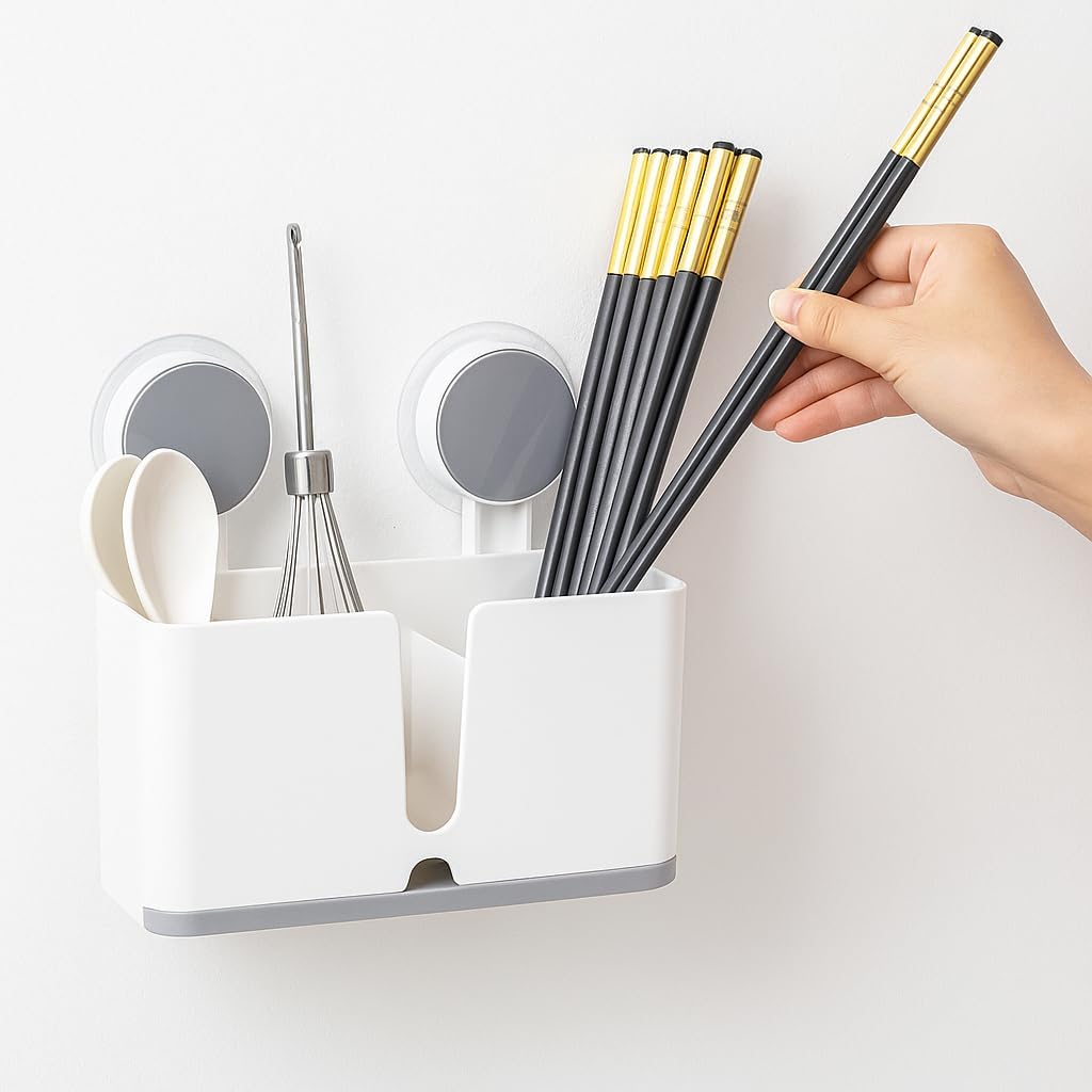 ABS Plastic Self Adhesive Magic Sticker Toothbrush Holder Wall Mounted for Bathroom with Drain Tray for Bathroom/Kitchen Spoon Holder/Toothbrush Holders for Bathroom