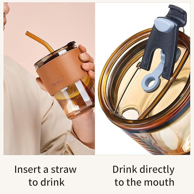 SKDBPM Reusable Glass Coffee Sipper Mugs with Lid & Straw Pack of 1, 400ml Multipurpose Drinking Glasses Tumbler with Leather Sleeve Cup for Juice Smoothies Iced Tea Home & Travel