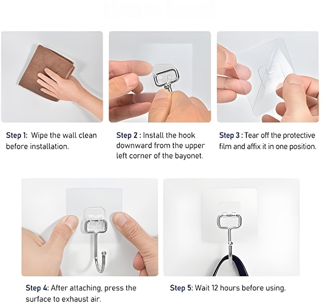 Pack of 10 Self Adhesive Large Hooks for Wall, Nail Free Stainless Big Hooks for Wall Without Drilling | Reusable & Transparent wall Hooks for Hanging Strong 5kg | Heavy Duty Wall Hooks