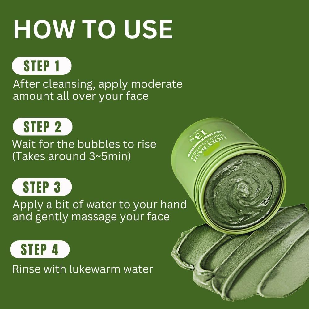 Holy Basil Bubble Deep Mask 90g – Korean Clay Fizzing Wash-Off Pack with Carbonated Water for Pore Cleansing, Blackhead Removal & Deep Skin Purification for Unisex