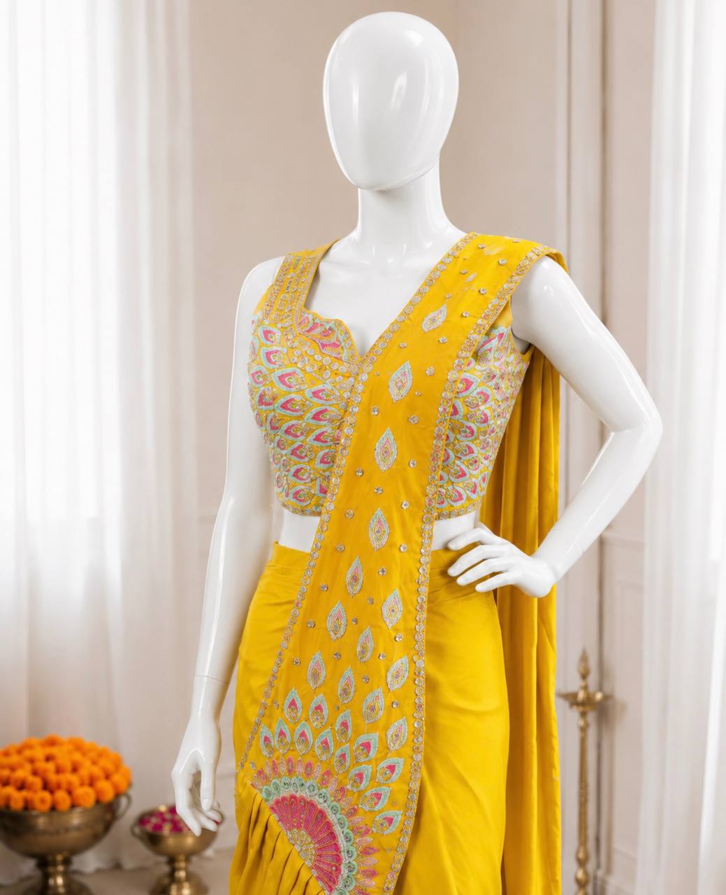 Get festive ready in our new Trending Stylish Ready to Wear Saree set  With Embroidery Work detailing.