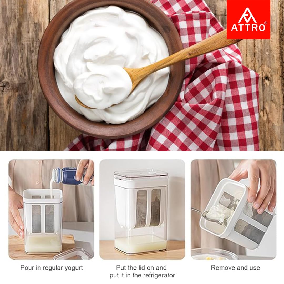 ATTRO Greek Yogurt & Curd Maker Fine Mesh Strainer with Lid Multifunctional Whey Separator for Homemade Yogurt, Curd, Cheese, Hung Curd & More – Easy to Use & Clean- White- 1100ml