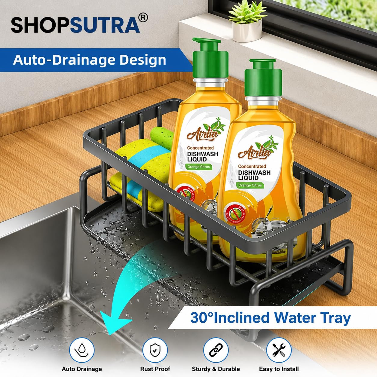 Kitchen Sink Organiser with Drain Tray, Countertop Storage Rack for Dish Soap Sponge Scrubber, Metal Wire Design, Black