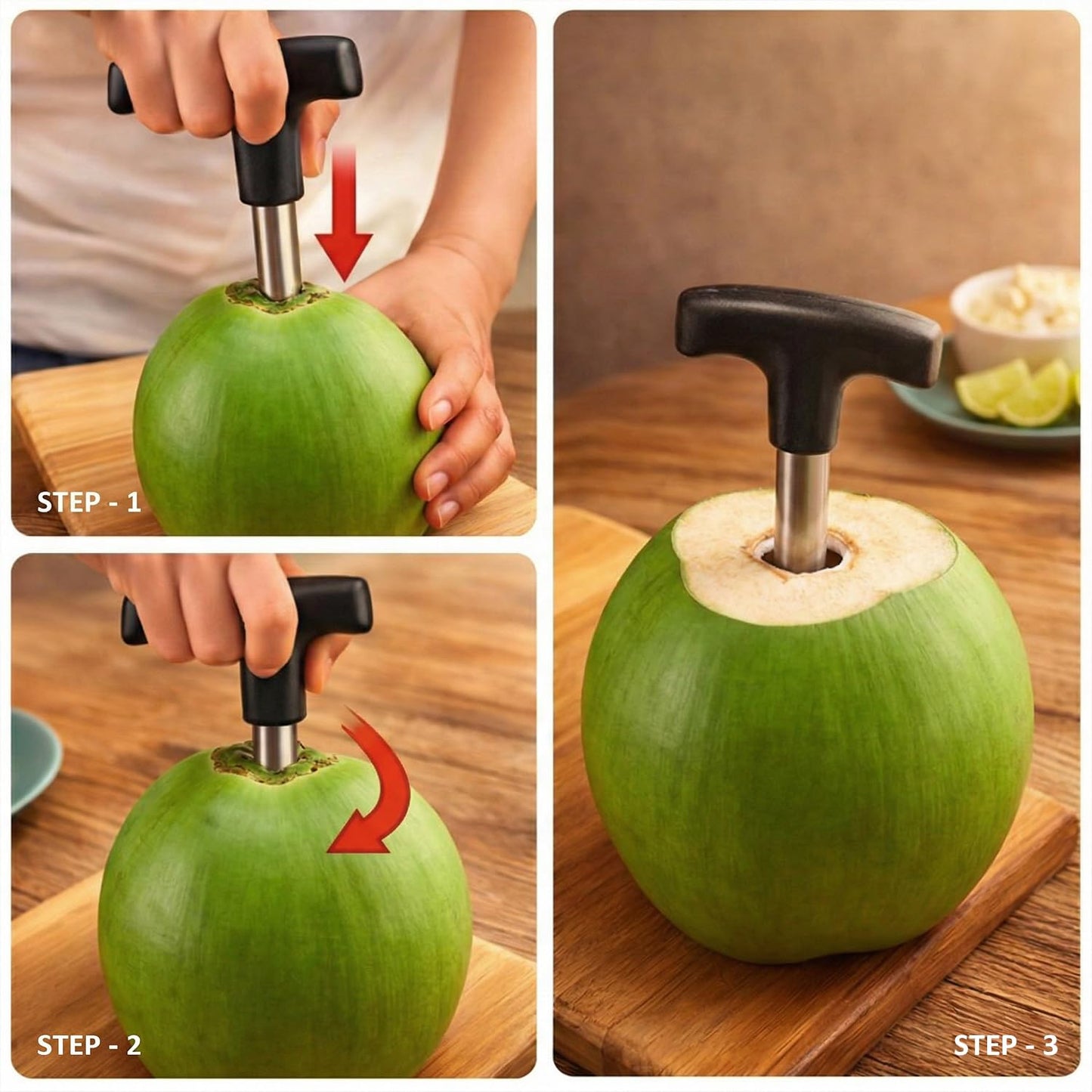 Oblivion Stainless Steel Coconut Opener 1 Pc – Quick & Easy Cracking Tool with Drill Cutter, Cleaning Stick, Effortless Fresh Water Extraction Kit, Durable Professional Hole Maker & Tap Cleaner
