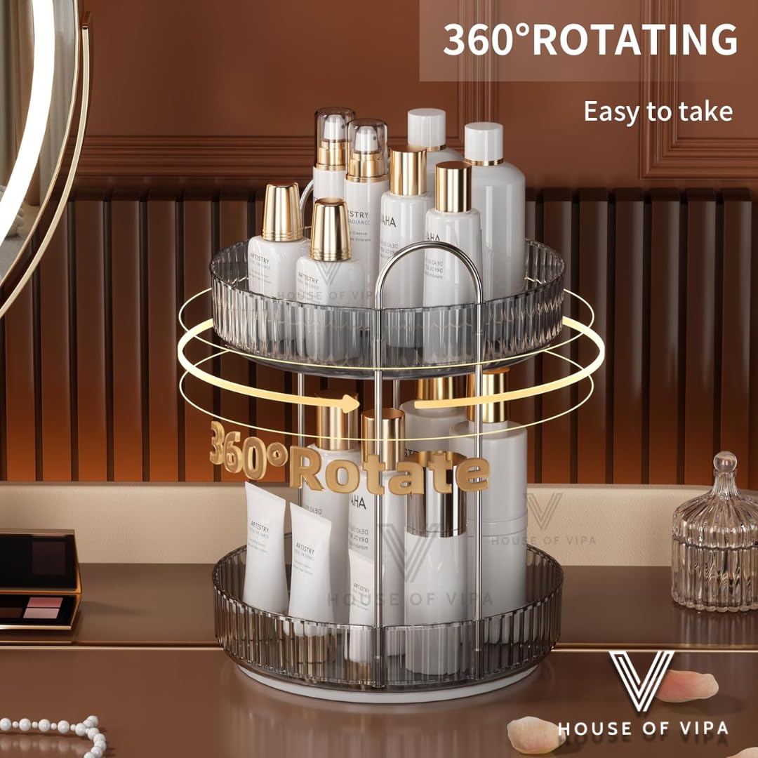 360° Rotating Makeup Organizer Box - Cosmetic Storage with Drawers, Plastic Makeup Holder Stand for Dressing Table, Lipsticks, Nail Polishes & Accessories (Light Gray, 2 Layer)