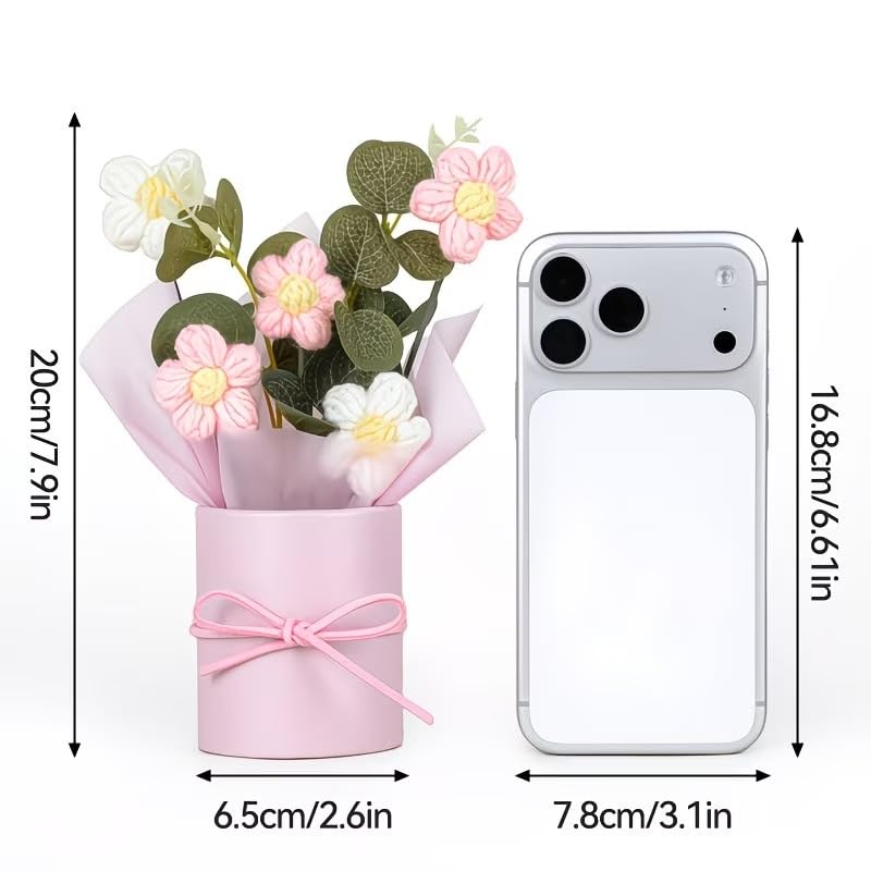 KAIDAA Handmade Korean Crochet Flower Bouquet with Shiny Led Lights & Polybag Knitted Floral Arrangement with Decorative Leaves | Tabletop Home Decor, Desk, Valentine Day Gift