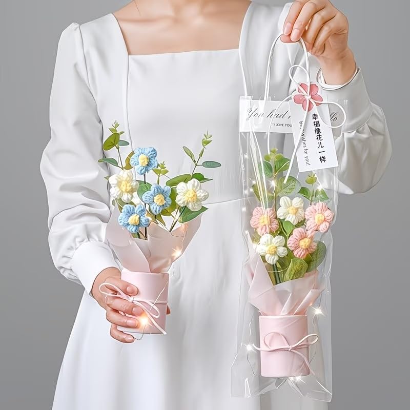 KAIDAA Handmade Korean Crochet Flower Bouquet with Shiny Led Lights & Polybag Knitted Floral Arrangement with Decorative Leaves | Tabletop Home Decor, Desk, Valentine Day Gift