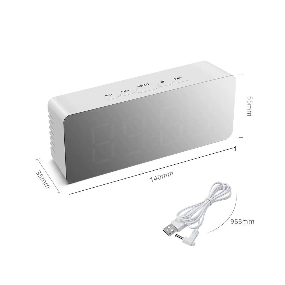 Digital LED Mirror Alarm Clock, Smart Bedside Clock with Large Display, Snooze, Adjustable Brightness & USB Powered Table Clock for Bedroom & Office