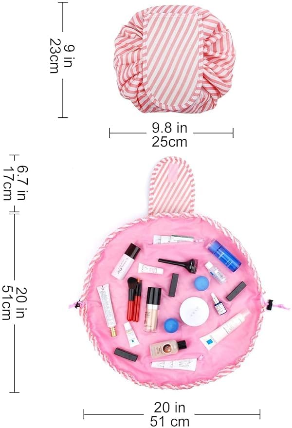 Lazy Bag Pink Strip, Waterproof Travel Toiletry Organizer, Foldable Makeup Storage Pouch for Women Vanity Bag