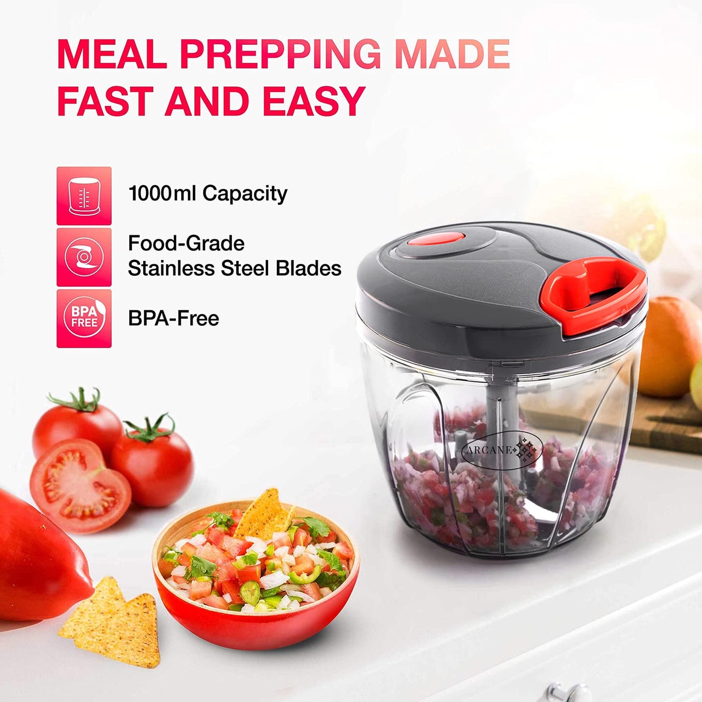Arcane 1 liter Big Size Kitchen Dori Handy Vegetable and Fruit Manual Onion Dry Fruit Salad Maker Vegetable Quick String Chopper Machine, Cutter – 5 Stainless Steel Blades