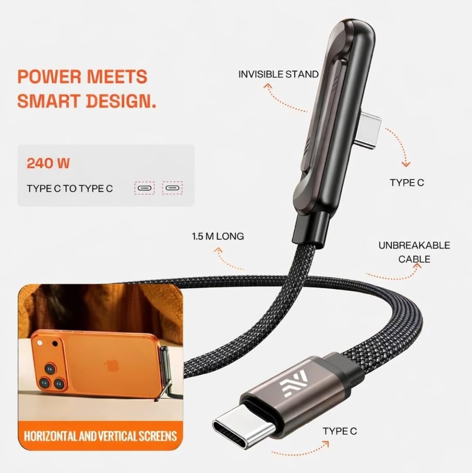 SHAYOXA USB-C to USB-C Braided Cable, 240W Fast Charging, Foldable Connector, Black