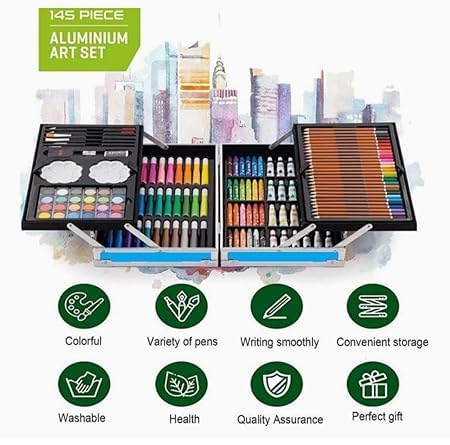 145 Pieces Art Set for Kids. 145 Pcs Color Set. Unicorn Painting Box. Drawing Colour Pencils, Oil Pastel, Watercolours, Sketches, Crayons & Paint Brush. Vanity Color Box for School Project. Pink