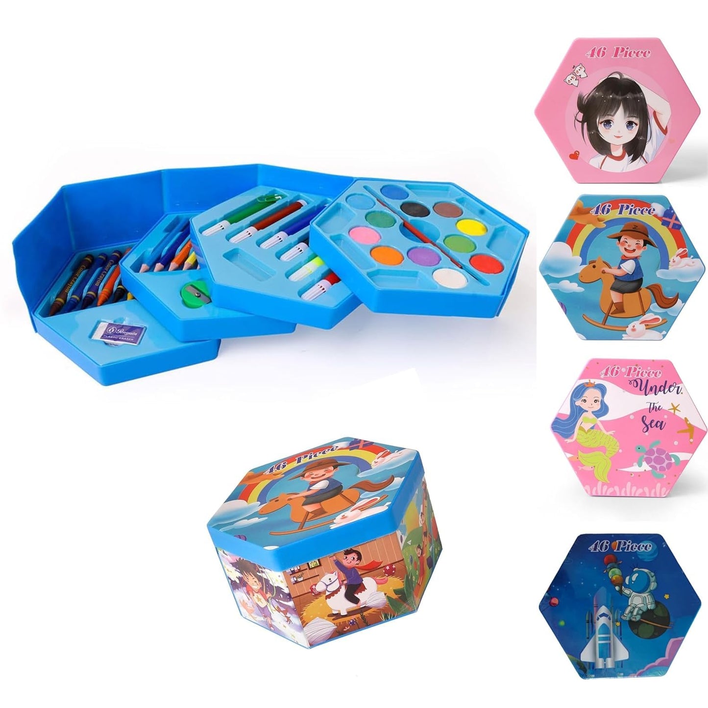 AMIRATE Colors Box Color Pencil,Crayons, Water Color, Sketch Pens Set of 46 Pieces (Color & Design for Kids)(Pack of 1) MULTY COLOR- blue & pink