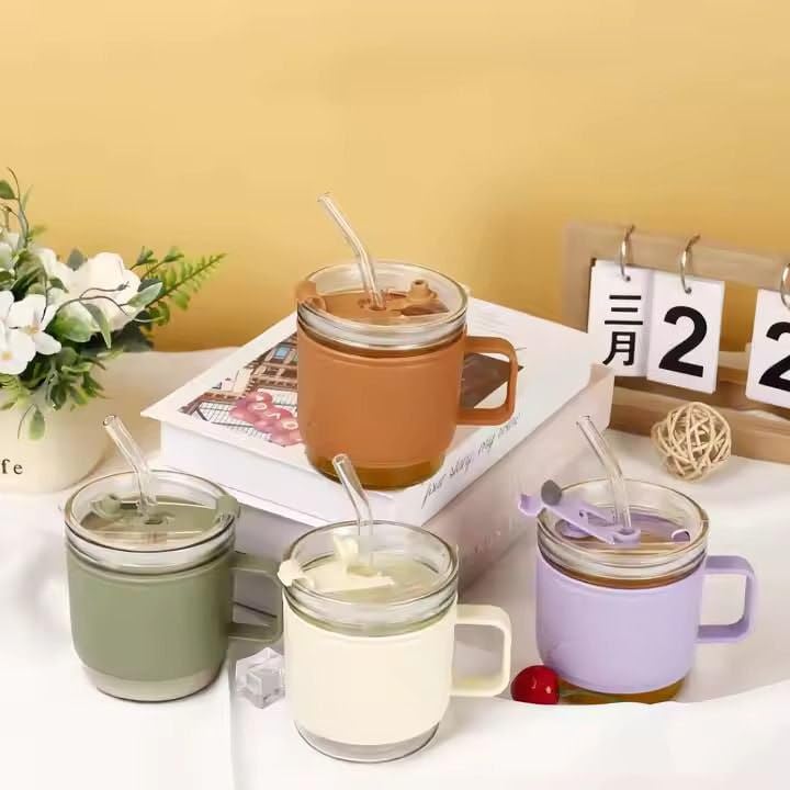 Mini Handle Glass Cup(Pack of 1)(350ML) Drinking GlassCup with Silicone Straw and Glass Lid Cartoon Pattern,Creative Multipurpose Drink forMilk,Tea,Coffee,Juice,Thick Shake