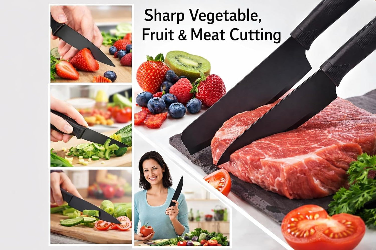 Klick n shop Stainless Steel Kitchen Knife Set – 3 Piece Chef, Utility & Paring Knives with Blade Cover | Sharp Vegetable, Fruit & Meat Cutting Knives with Ergonomic Handle (Black)