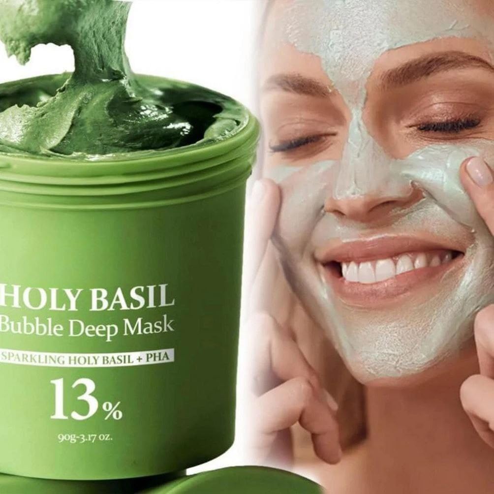 Holy Basil Bubble Deep Mask 90g – Korean Clay Fizzing Wash-Off Pack with Carbonated Water for Pore Cleansing, Blackhead Removal & Deep Skin Purification for Unisex