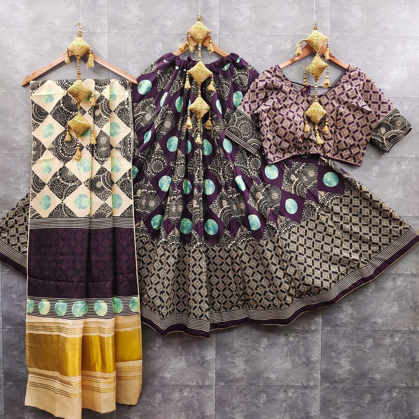 gaji modal lagdi patta duppata and ajrak choli   New arrivals   Maslin silk lehnga
