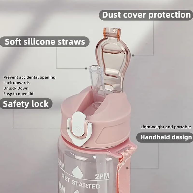 Transparent Motivational Water Bottle 900ML with Time Marker, Leakproof BPA Free Sipper Bottle for Gym, Office, School & Outdoor Use