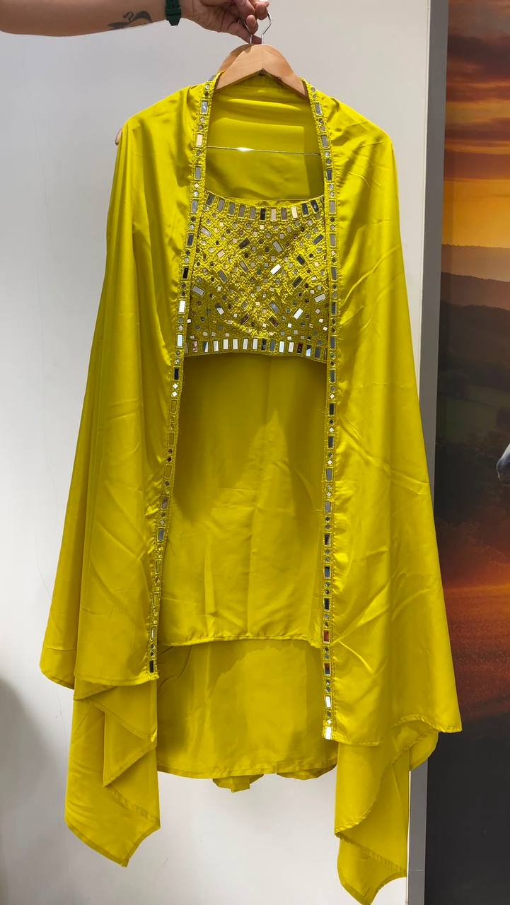 THIS WEDDING SEASON WEAR OUR BEAUTIFUL 3 PIECE WITH REAL MIRROR WITH  EMBROIDERED BLOUSE, SKIRT AND LONG SHRUGE