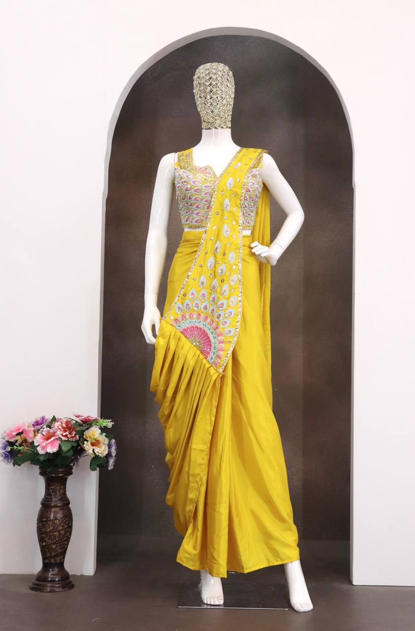 Get festive ready in our new Trending Stylish Ready to Wear Saree set  With Embroidery Work detailing.