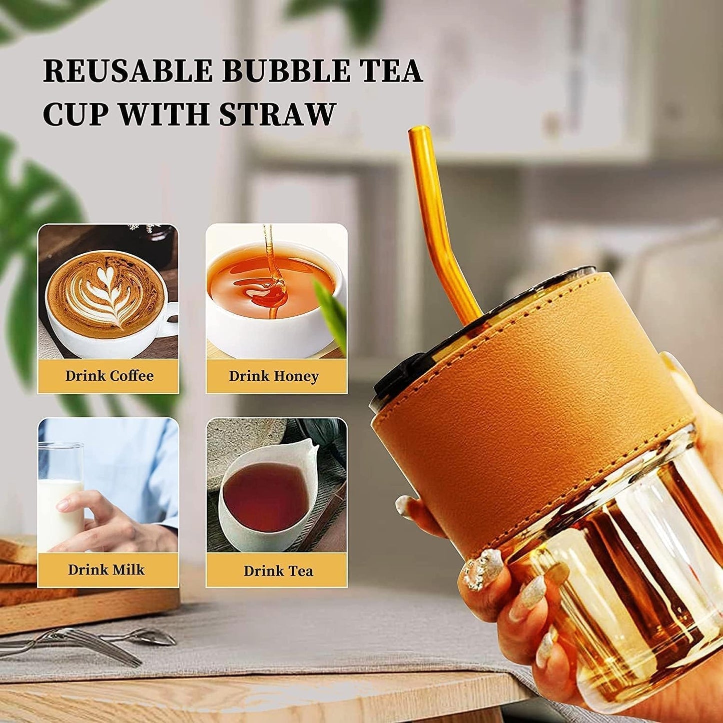 Glass Sipper Tumbler Lid and Straw Coffee Tumbler Tea Coffee Mugs with Leather Sleeve Cup and Mug for Kids Milk Juice Mug for Water Drinking Sipper,400 ML (1 PCS Brown)