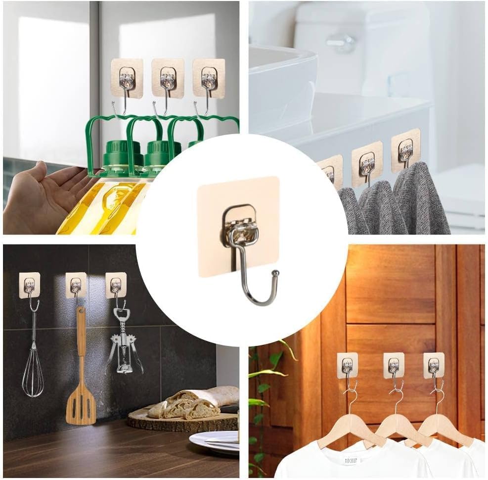 Pack of 10 Self Adhesive Large Hooks for Wall, Nail Free Stainless Big Hooks for Wall Without Drilling | Reusable & Transparent wall Hooks for Hanging Strong 5kg | Heavy Duty Wall Hooks