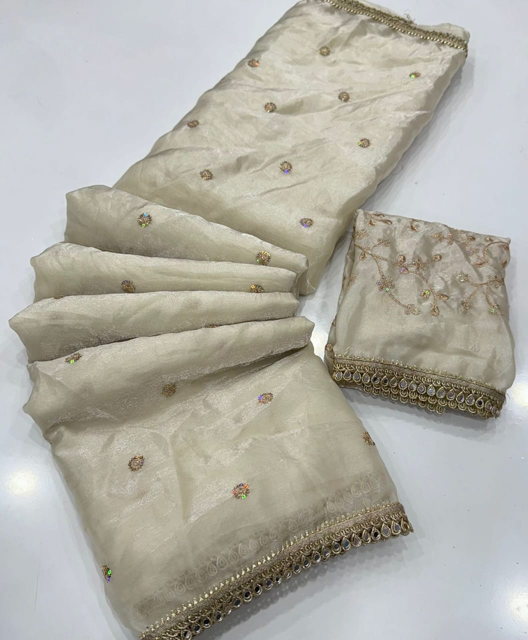 Space Sattin Multi Sequence Full Worked Saree With Original Mirror Lace & Havey Sequence Full Worked Blouse