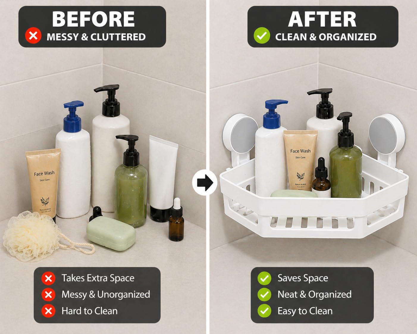 Bathroom Corner Shelf Wall Mounted | No Drill Suction Cup Shower Rack | Plastic Waterproof Corner Storage Organizer for Bathroom & Kitchen