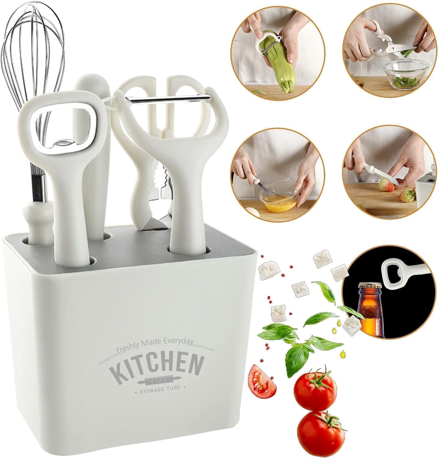 Stainless Steel 6-Piece Kitchen Gadgets Set, Kitchen Scissors, Kitchen Utensils Set with Holder, Paring Knife, Whisk, Bottle Opener, Peeler- Anti-Slip Handle, Decorative Base