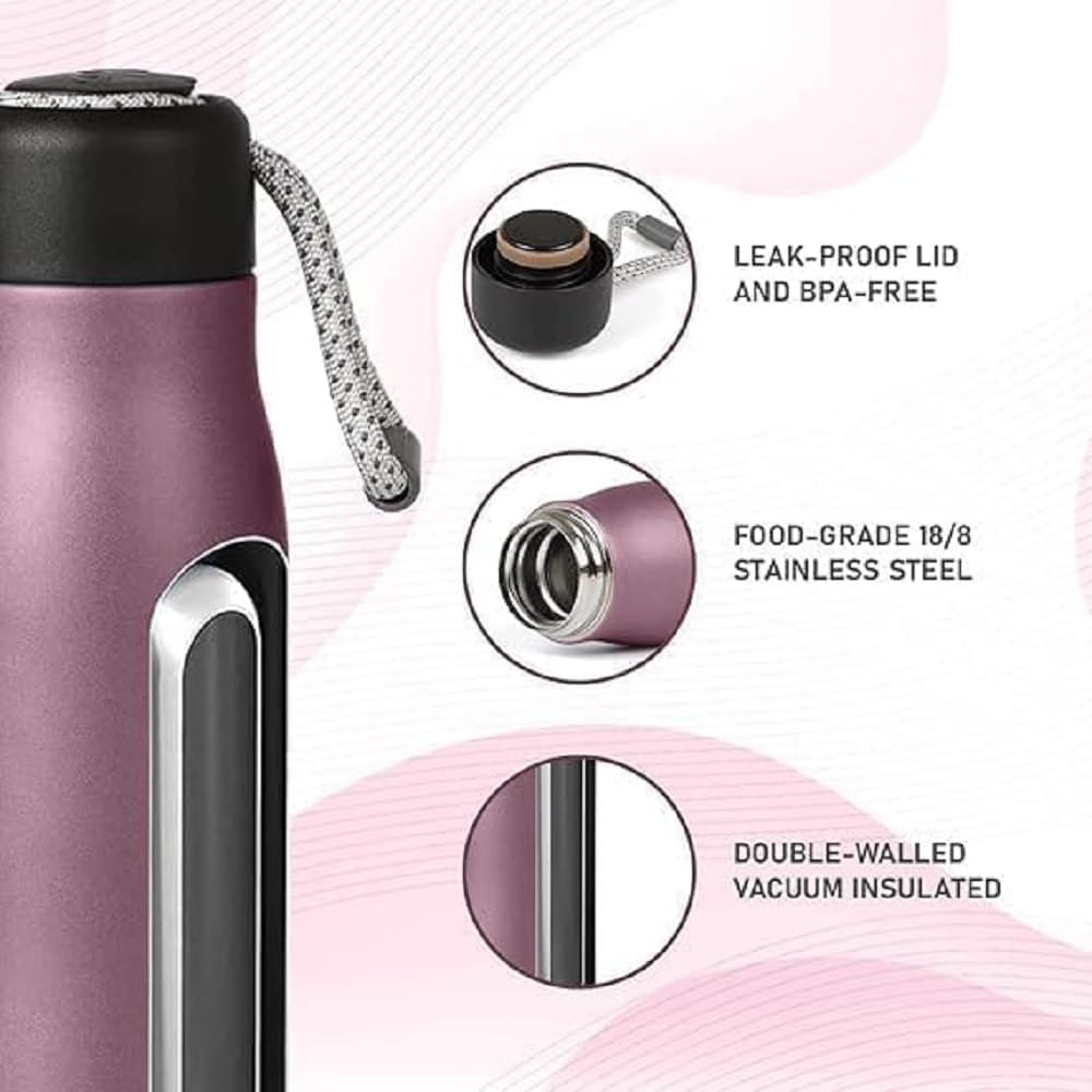 Stainless Steel Vacuum Insulated Water Bottle, 550ml, Pink, Leak Proof, Hot & Cold Flask for Gym, Travel, Office