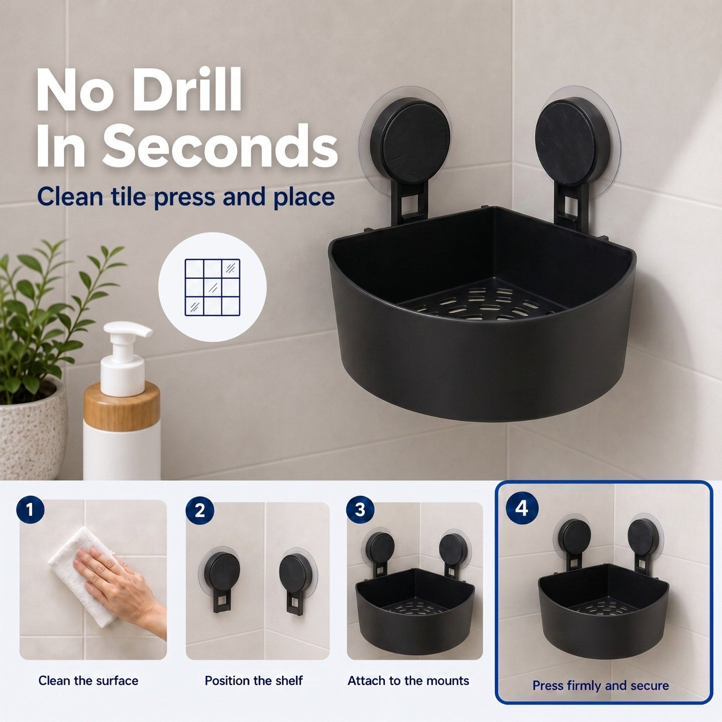 Premium Black Corner Shelf with Powerful Suction Grip