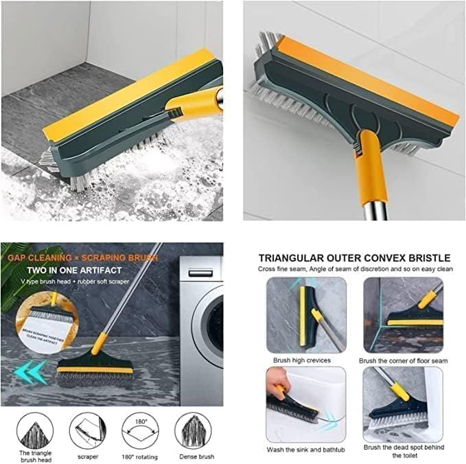 3-in-1 Bathroom Cleaning Brush with Wiper - Bathroom Cleaning Brush Long Handle 180° Rotate Toilet Brush Bathroom Tiles Cleaning, Wiper Floor Scrub for Kitchen Bathroom Cleaning (Yellow)
