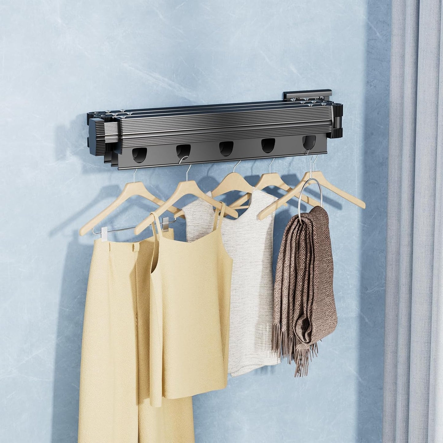 XBEY Stainless Steel Wall Mounted Portable Clothes Drying Rack with Space Saver Clothes Hangers Design Universal for Balcony,Laundry,Bathroom Space Saver Clothes Rack (2 Fold Cloth Drying Rack),Black