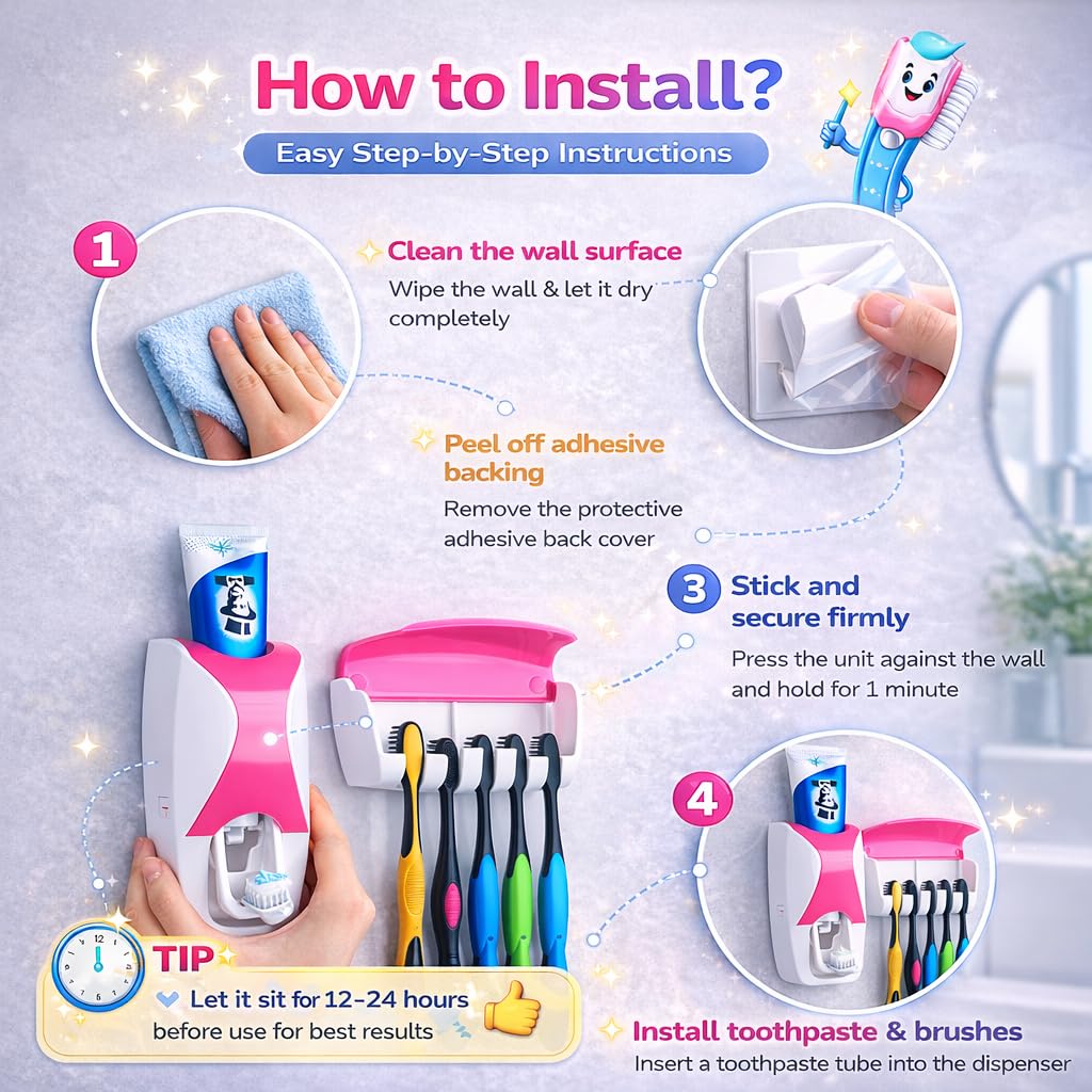 Automatic Toothpaste Dispenser and 5 Toothbrush Holder Fresh ABS Plastic Dust-Proof Wall Mounted with Cover Storage Stand for Home Bathroom (Multi Colors)