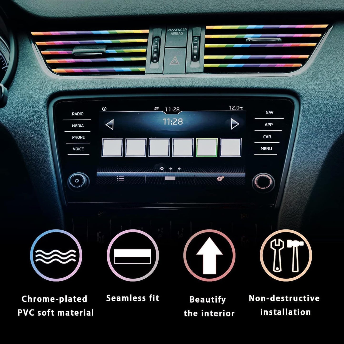 Universal Car AC Vent Decoration Strip–Red PVC U-Shape Waterproof Interior Trim Moulding for Straight Air Vent Outlets- (Rainbow)