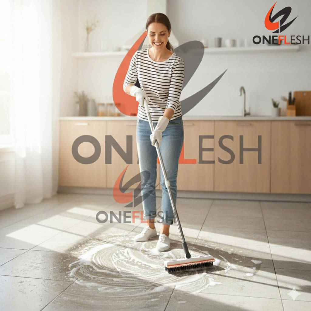 ONEFLESH 3 in 1 Bathroom Cleaner Brush Long Handle Floor Brush with Wiper for Home Cleaning, Bathroom Tiles Cleaning Brush, 180° Rotate Bathroom Brush for Heavy Duty_(AR)