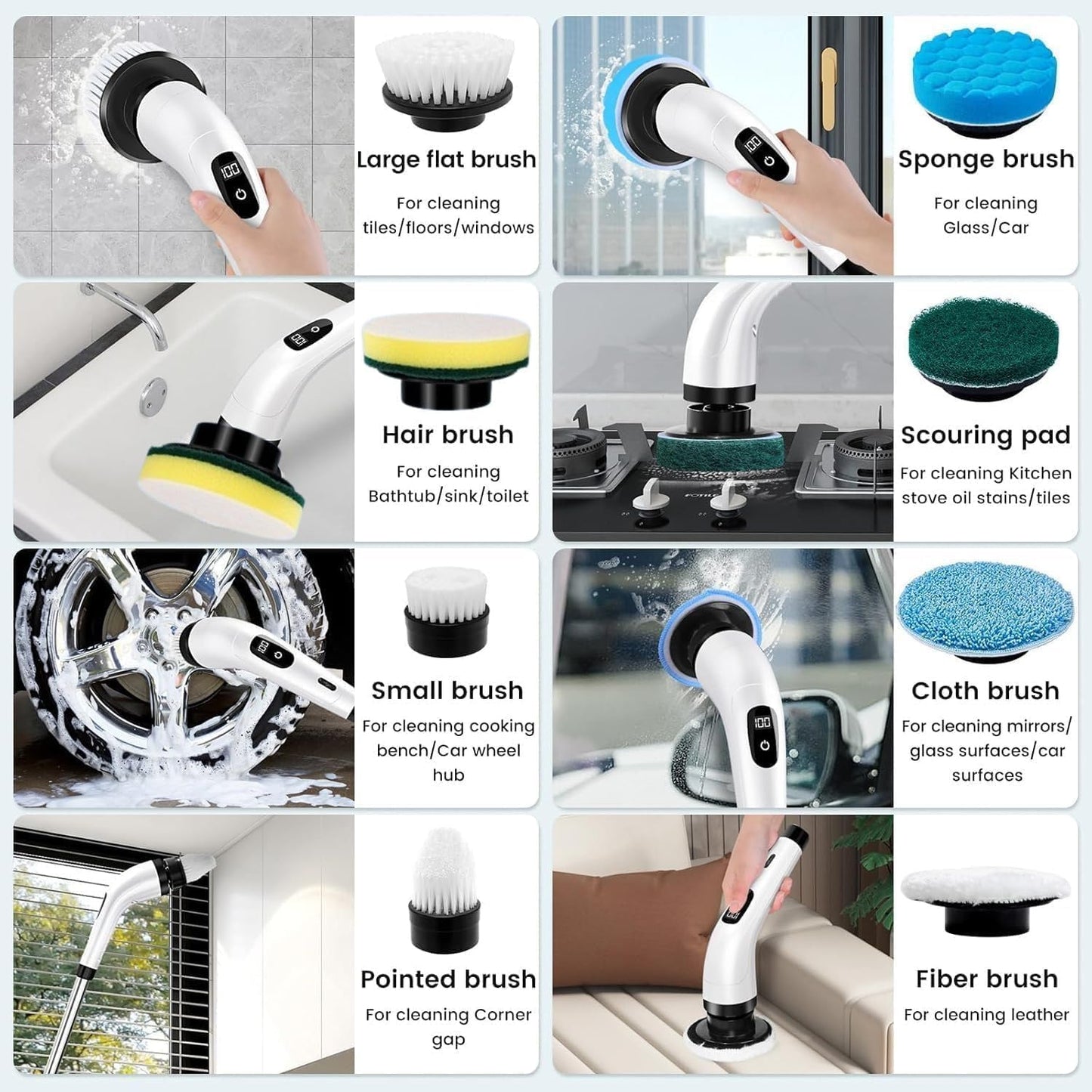 Seseno 9 in 1 Electric Spin Scrubber, Cleaning Brush Scrubber for Home, 300RPM/Min, 8 Replaceable Brush Heads, 3 Adjustable Size, 2 Adjustable Speeds, for Bathroom, Floor Tiles