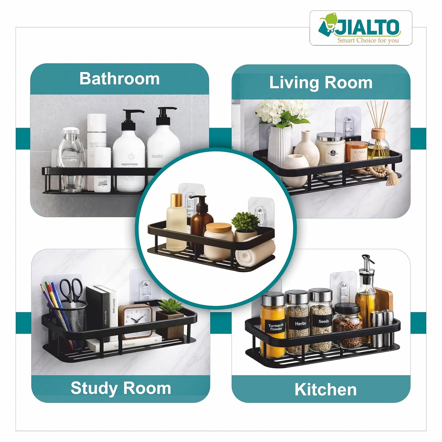 JIALTO 1 Pcs Bathroom Accessories - Multipurpose Aluminium Bathroom Shelf for Wall | Self-Adhesive Wall Mounted Bathroom Organiser Without Drill | 1 Pcs Black Bathroom Shelf | Bathroom Rack (Black)