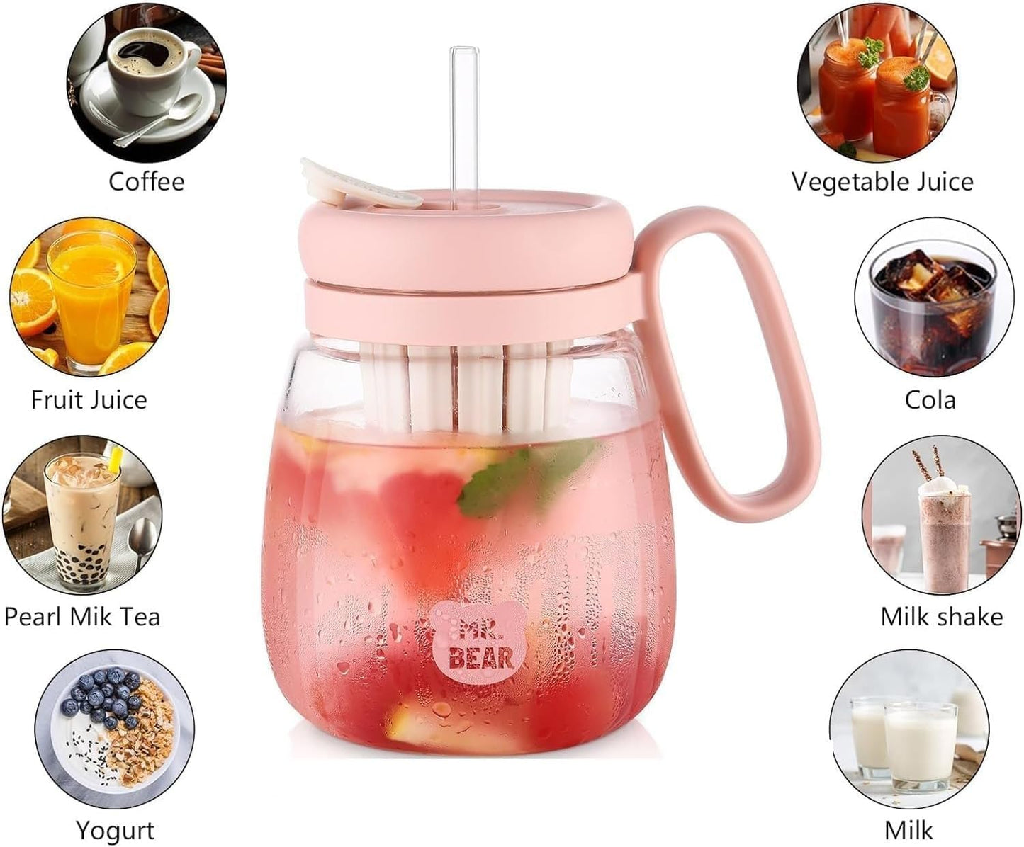 Glass Tumbler with Fruit Infuser Lid & Straw, Portable Summer Drink Cup for Juice, Tea, Detox Water & Milk Tea | Leakproof Handle Mug for Girls, Travel & Daily Hydration (Multicolor) (1)
