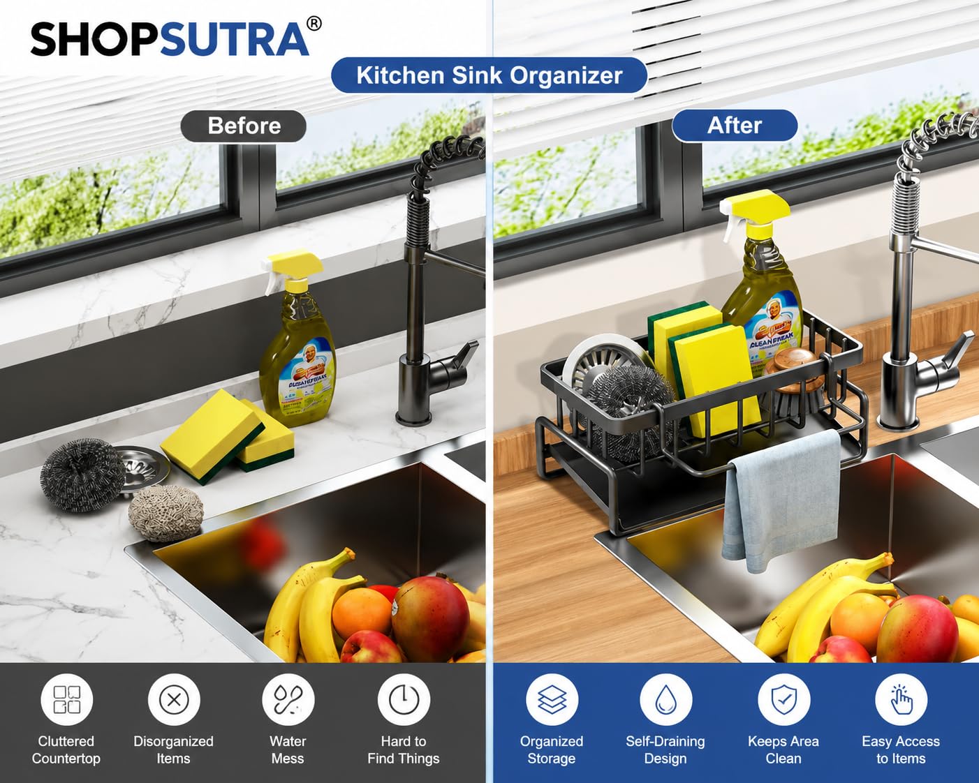 Kitchen Sink Organiser with Drain Tray, Countertop Storage Rack for Dish Soap Sponge Scrubber, Metal Wire Design, Black