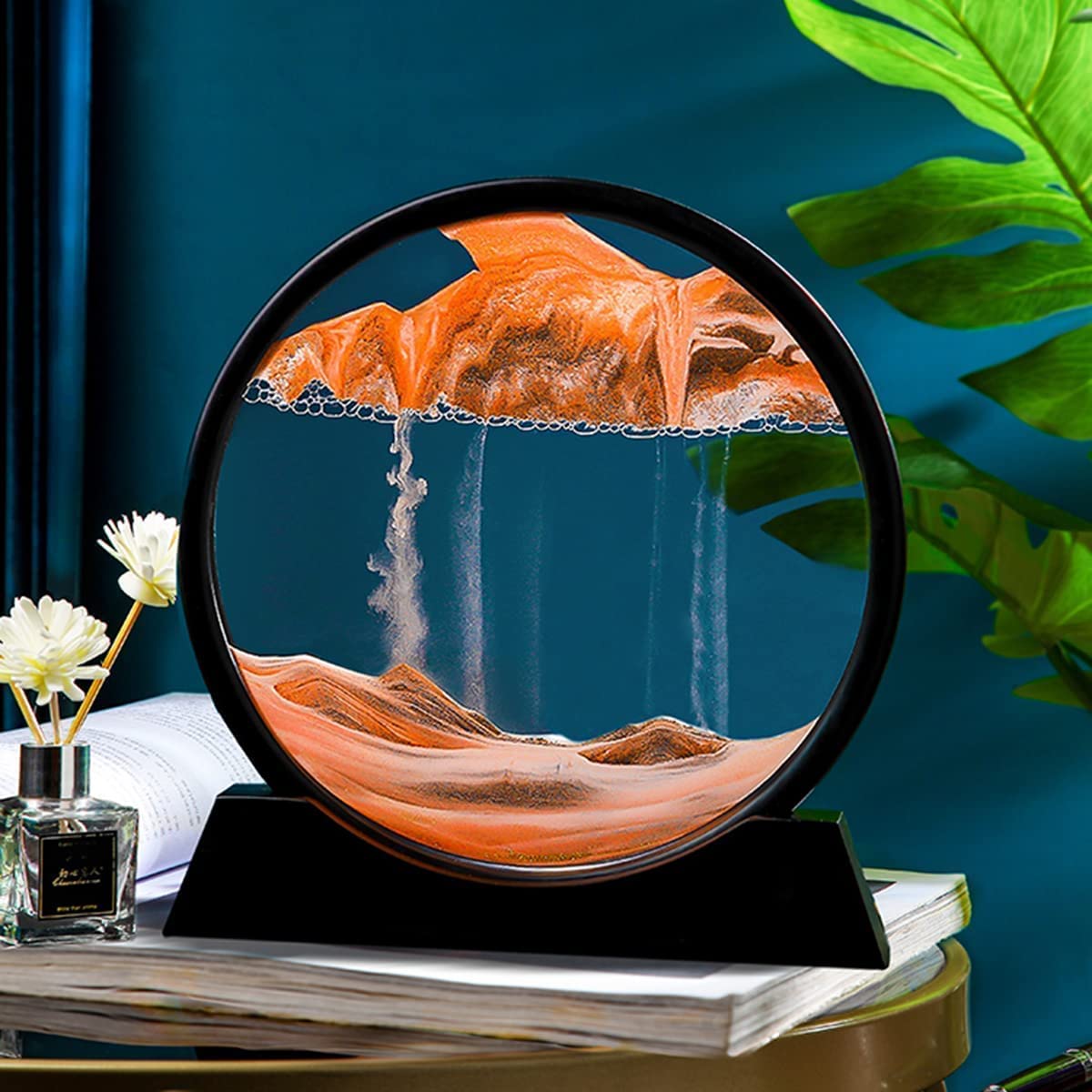 MOROVIK 3D Yellow Dynamic Sand Art Liquid Motion,Moving Sand Art Picture Round Glass 3D Deep Sea Sandscape in Motion Display Flowing Sand Frame Relaxing Desktop Home Office Work Decor (7 in) (Yellow)
