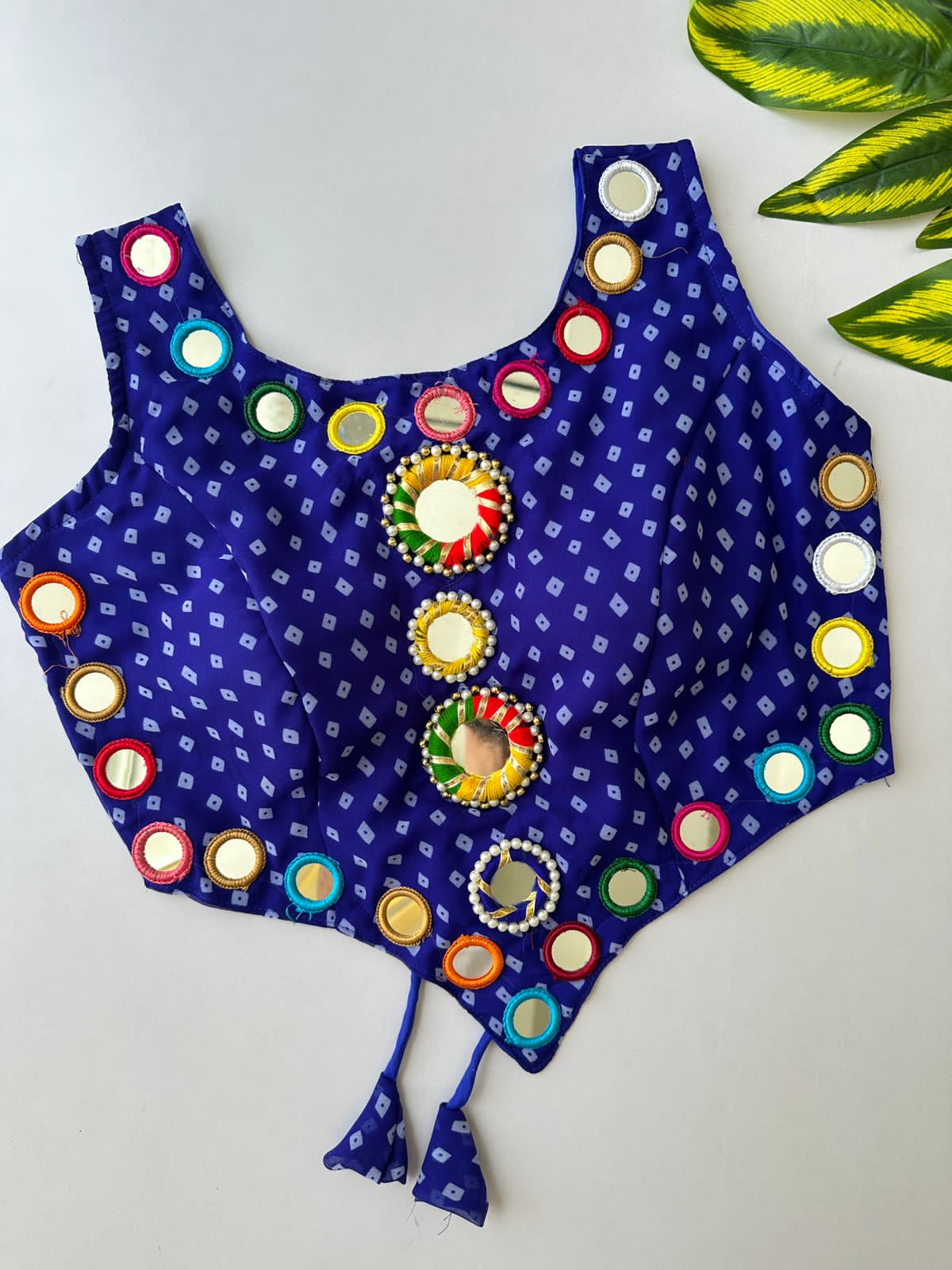 presenting new Navratri concept blouse with real hand mirror work*  Design name :- Navratri :21   FABRIC:-- Pure Georgette Bandhani with heavy mirror work