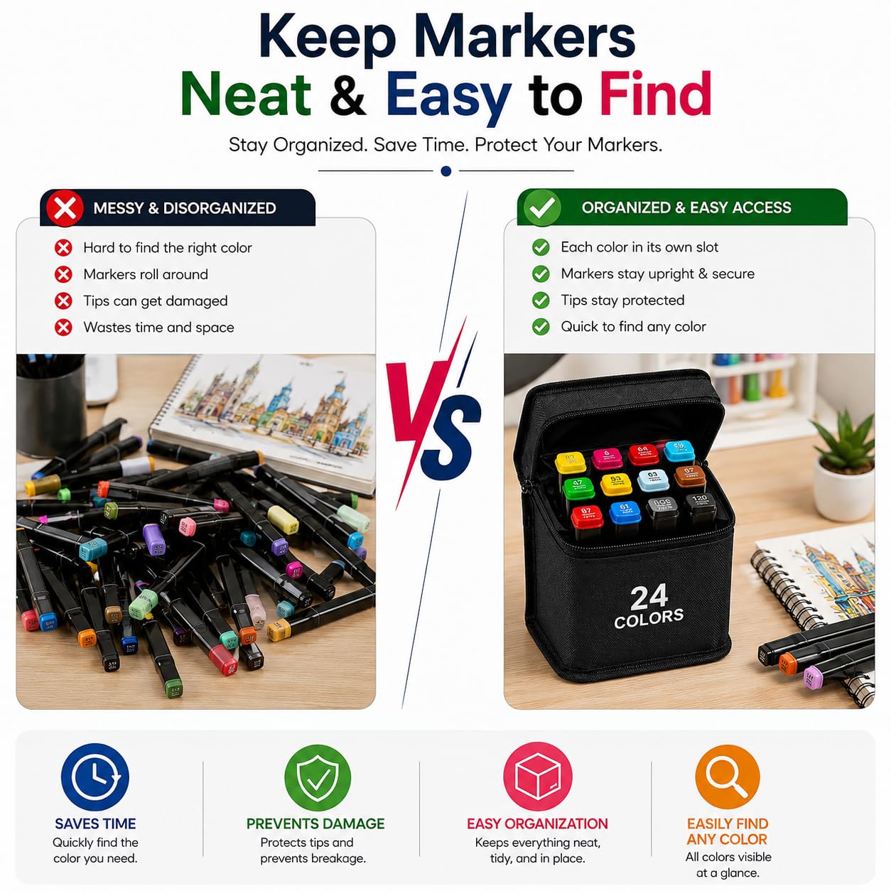 Dual Tip Colorful Art Markers Sketch Pens Colors With Carrying Case For Painting Sketching Calligraphy Drawing -Twin Head Permanent Colouring Marker Pens (Pack OF 1) (Marker Black 24)