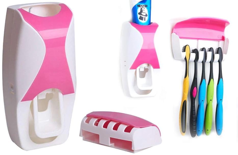 Wall Mounted Plastic Dust Proof Automatic Toothpaste Dispenser and 5 Toothbrush Holder with Cover Multicolor