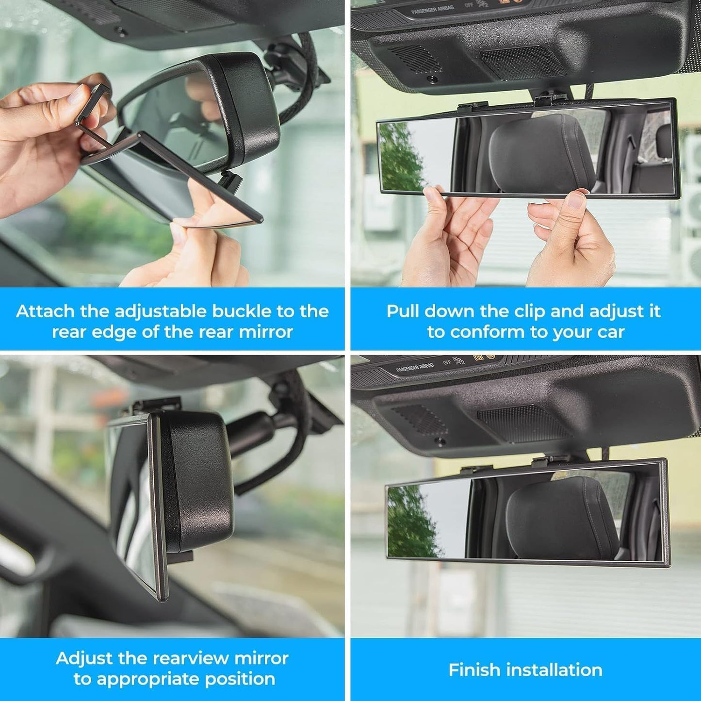 12 Inch Car Rear View Mirror – Anti-Glare Wide Angle Panoramic Mirror, Curved Surface Design, High Definition Glass, Universal Clip-On Interior Rearview Mirror